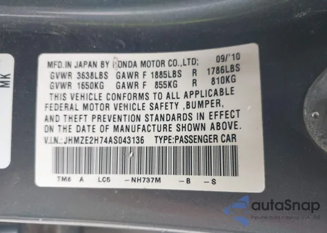 2010 Honda Insight Ex z USA, uszkodzony, nr VIN JHMZE2H74AS043136